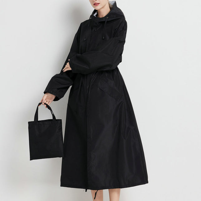 Size M Black Women's Chic Lightweight Waterproof Raincoat - Long Hooded Packable Rain Jacket with Pouch.
