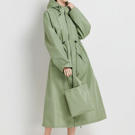 Size L Green Women's Chic Lightweight Waterproof Raincoat - Long Hooded Packable Rain Jacket with Pouch.