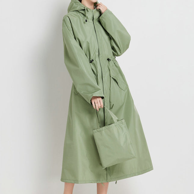 Size L Green Women's Chic Lightweight Waterproof Raincoat - Long Hooded Packable Rain Jacket with Pouch.