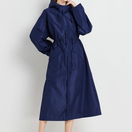Size XL Dark Blue Women's Chic Lightweight Waterproof Raincoat - Long Hooded Packable Rain Jacket with Pouch.