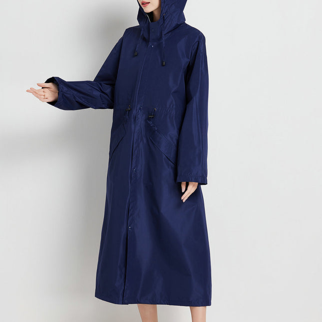 Size L Dark Blue Women's Chic Lightweight Waterproof Raincoat - Long Hooded Packable Rain Jacket with Pouch.