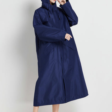 Size M Dark Blue Women's Chic Lightweight Waterproof Raincoat - Long Hooded Packable Rain Jacket with Pouch.