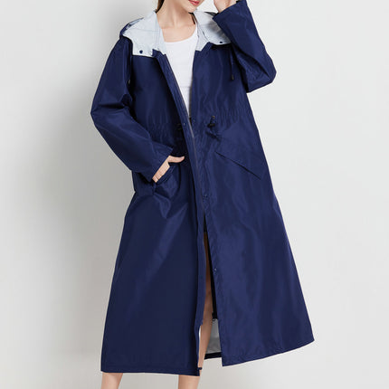 Size M Dark Blue Women's Chic Lightweight Waterproof Raincoat - Long Hooded Packable Rain Jacket with Pouch.