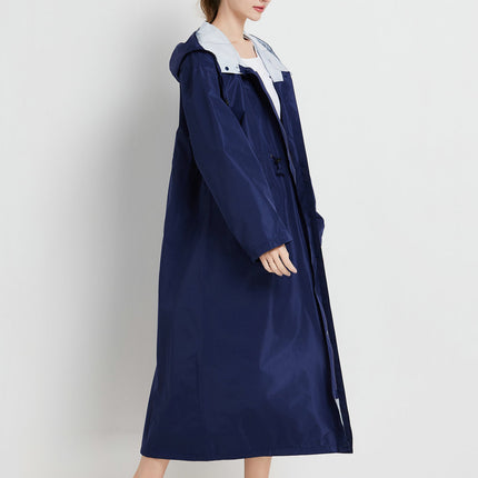 Size M Dark Blue Women's Chic Lightweight Waterproof Raincoat - Long Hooded Packable Rain Jacket with Pouch.