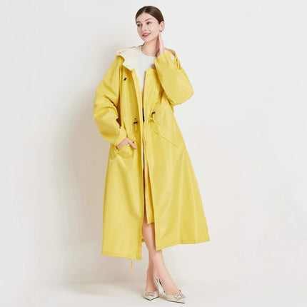 Size M Yellow Women's Chic Lightweight Waterproof Raincoat - Long Hooded Packable Rain Jacket with Pouch.