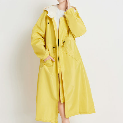 Size XL Yellow Women's Chic Lightweight Waterproof Raincoat - Long Hooded Packable Rain Jacket with Pouch.