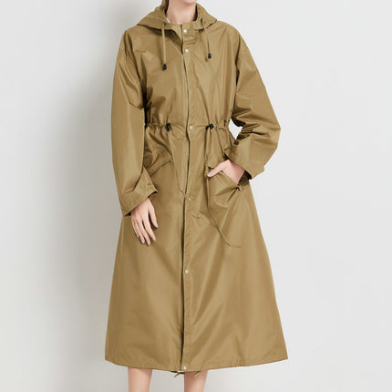 Size M Brown Women's Chic Lightweight Waterproof Raincoat - Long Hooded Packable Rain Jacket with Pouch.