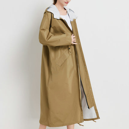 Size M Brown Women's Chic Lightweight Waterproof Raincoat - Long Hooded Packable Rain Jacket with Pouch.