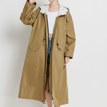 Size M Brown Women's Chic Lightweight Waterproof Raincoat - Long Hooded Packable Rain Jacket with Pouch.
