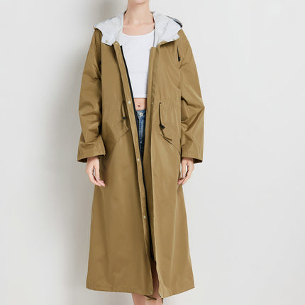 Size M Brown Women's Chic Lightweight Waterproof Raincoat - Long Hooded Packable Rain Jacket with Pouch.