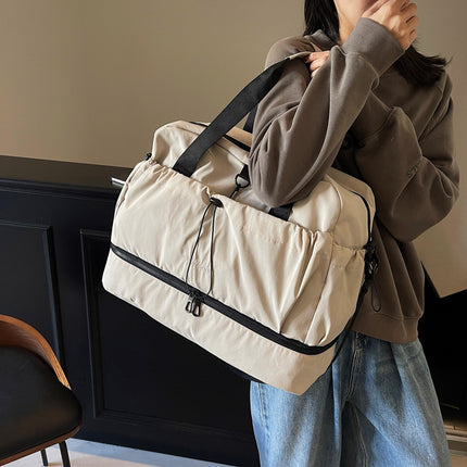 Black Large Capacity Travel Bag with Wet/Dry Separation - Canvas + Polyester, Lightweight Handbag for Short Trips and Fitness, Fits on Luggage.