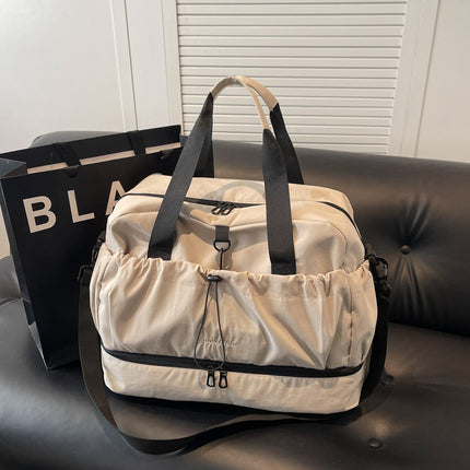 Beige and Black Large Capacity Travel Bag with Wet/Dry Separation - Canvas + Polyester, Lightweight Handbag for Short Trips and Fitness, Fits on Luggage.