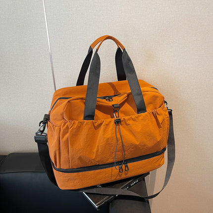 Orange and Black Large Capacity Travel Bag with Wet/Dry Separation - Canvas + Polyester, Lightweight Handbag for Short Trips and Fitness, Fits on Luggage.