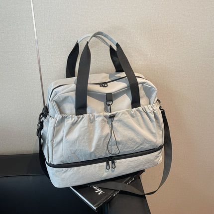 Grey and Black Large Capacity Travel Bag with Wet/Dry Separation - Canvas + Polyester, Lightweight Handbag for Short Trips and Fitness, Fits on Luggage.