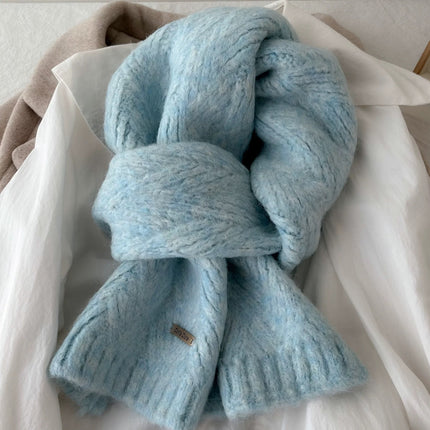 Blue Alpaca Wool Blend Solid Color Knitted Scarf for Women Winter New Style Student High Quality Couple Woolen Neck Warmer.