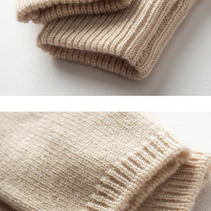 Beige Color Block Cashmere Fingerless Gloves for Women Autumn Winter Outdoor Cold Protection Warm Knitted Gloves.