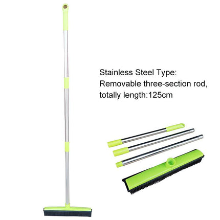 Green and Silver Versatile Pet Hair Remover Rubber Broom & Squeegee - 125cm Adjustable Stainless Steel Handle for Carpets, Floors & Windows.