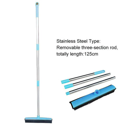 Blue and Silver Versatile Pet Hair Remover Rubber Broom & Squeegee - 125cm Adjustable Stainless Steel Handle for Carpets, Floors & Windows.