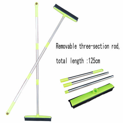 Blue and Silver Versatile Pet Hair Remover Rubber Broom & Squeegee - 125cm Adjustable Stainless Steel Handle for Carpets, Floors & Windows.