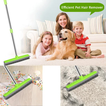 Blue and Silver Versatile Pet Hair Remover Rubber Broom & Squeegee - 125cm Adjustable Stainless Steel Handle for Carpets, Floors & Windows.