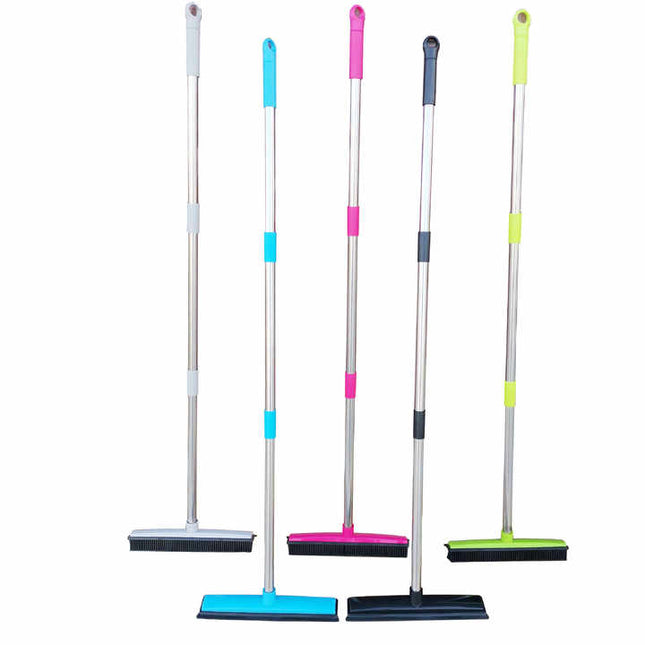 Pink and Silver Versatile Pet Hair Remover Rubber Broom & Squeegee - 125cm Adjustable Stainless Steel Handle for Carpets, Floors & Windows.