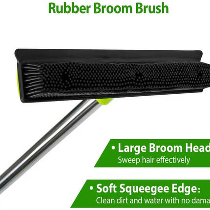 Pink and Silver Versatile Pet Hair Remover Rubber Broom & Squeegee - 125cm Adjustable Stainless Steel Handle for Carpets, Floors & Windows.