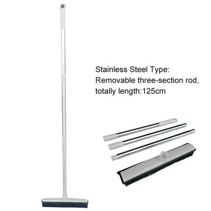 Light Grey and Silver Versatile Pet Hair Remover Rubber Broom & Squeegee - 125cm Adjustable Stainless Steel Handle for Carpets, Floors & Windows.
