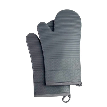 Grey Premium Heat Resistant Silicone Oven Mitts (Pair) - Non-Slip Grip, Cotton Lined for Kitchen Baking, Grilling & BBQ.