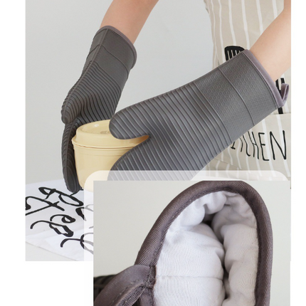 Grey Premium Heat Resistant Silicone Oven Mitts (Pair) - Non-Slip Grip, Cotton Lined for Kitchen Baking, Grilling & BBQ.