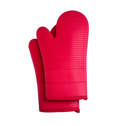 Red Premium Heat Resistant Silicone Oven Mitts (Pair) - Non-Slip Grip, Cotton Lined for Kitchen Baking, Grilling & BBQ.