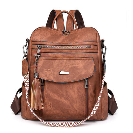 Brown Chic Women's PU Leather Convertible Backpack - Anti-Theft Design, Multi-Pocket Shoulder Bag with Tassel.