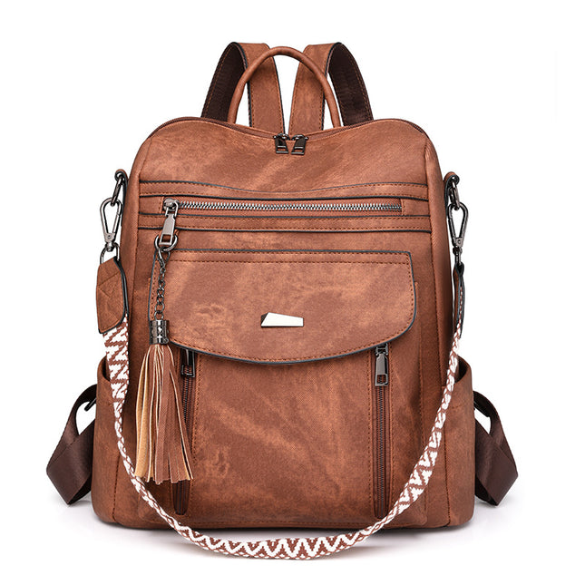 Brown Chic Women's PU Leather Convertible Backpack - Anti-Theft Design, Multi-Pocket Shoulder Bag with Tassel.