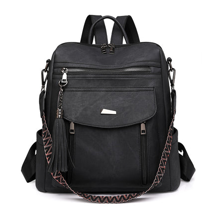 Black Chic Women's PU Leather Convertible Backpack - Anti-Theft Design, Multi-Pocket Shoulder Bag with Tassel.