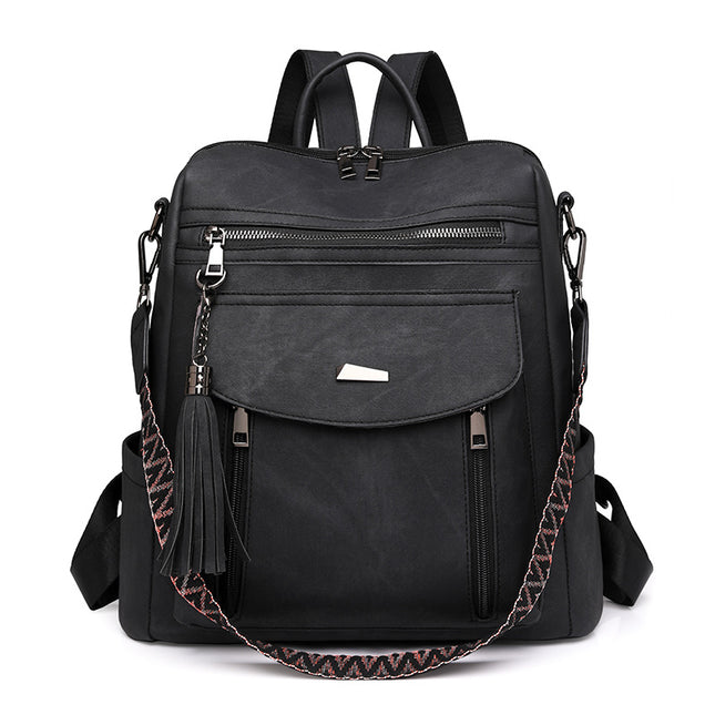 Black Chic Women's PU Leather Convertible Backpack - Anti-Theft Design, Multi-Pocket Shoulder Bag with Tassel.