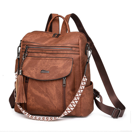 Black Chic Women's PU Leather Convertible Backpack - Anti-Theft Design, Multi-Pocket Shoulder Bag with Tassel.