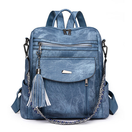 Blue Chic Women's PU Leather Convertible Backpack - Anti-Theft Design, Multi-Pocket Shoulder Bag with Tassel.
