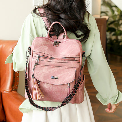 Pink Chic Women's PU Leather Convertible Backpack - Anti-Theft Design, Multi-Pocket Shoulder Bag with Tassel.