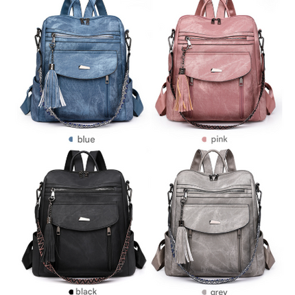 Pink Chic Women's PU Leather Convertible Backpack - Anti-Theft Design, Multi-Pocket Shoulder Bag with Tassel.