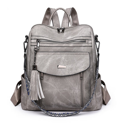 Grey Chic Women's PU Leather Convertible Backpack - Anti-Theft Design, Multi-Pocket Shoulder Bag with Tassel.