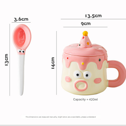 Blue Adorable Cartoon Character Ceramic Mug Set - 420ml with Fun Cake Design Lid & Matching Spoon - Perfect Gift.