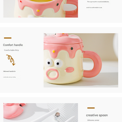 Blue Adorable Cartoon Character Ceramic Mug Set - 420ml with Fun Cake Design Lid & Matching Spoon - Perfect Gift.