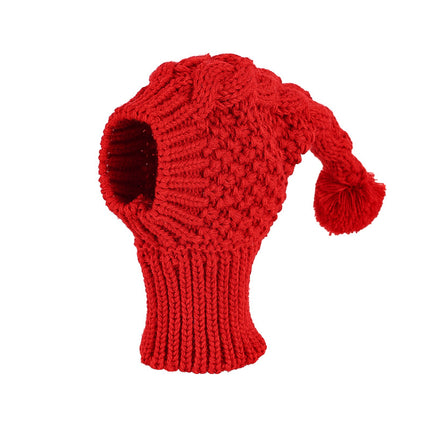 Size M Red Whimsical Knit Dog Hat with Pom-Pom - Cozy Winter Pet Beanie & Snood.
