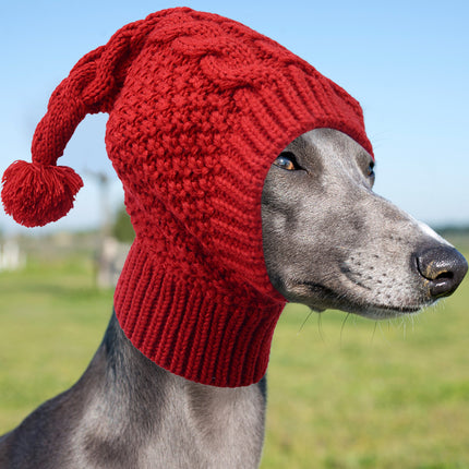 Size M Red Whimsical Knit Dog Hat with Pom-Pom - Cozy Winter Pet Beanie & Snood.
