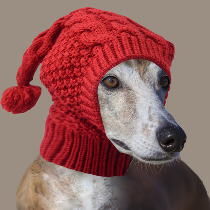 Size L Red Whimsical Knit Dog Hat with Pom-Pom - Cozy Winter Pet Beanie & Snood.