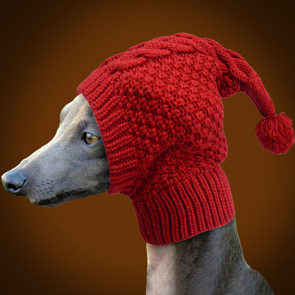 Size L Red Whimsical Knit Dog Hat with Pom-Pom - Cozy Winter Pet Beanie & Snood.