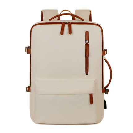 Beige Expandable Laptop Backpack with USB Port - Stylish Travel & Business Daypack.