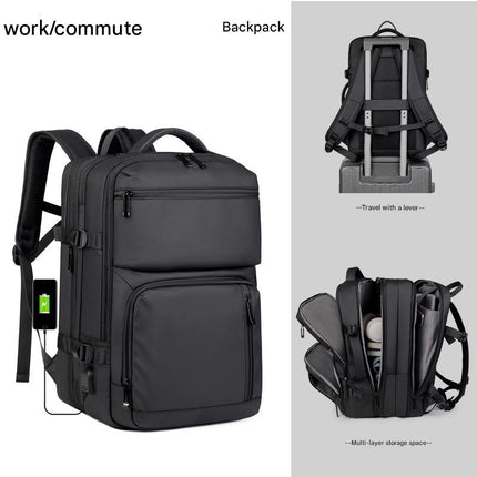 Black Expandable Business Travel Backpack with USB Charging Port - Water-Resistant Laptop Bag for Commuting & Carry-On.