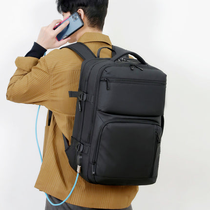 Black Expandable Business Travel Backpack with USB Charging Port - Water-Resistant Laptop Bag for Commuting & Carry-On.