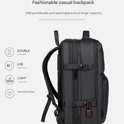 Black Expandable Business Travel Backpack with USB Charging Port - Water-Resistant Laptop Bag for Commuting & Carry-On.