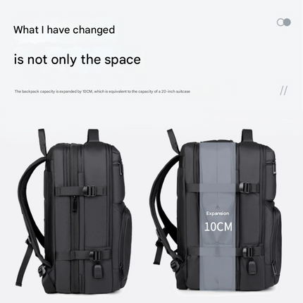 Black Expandable Business Travel Backpack with USB Charging Port - Water-Resistant Laptop Bag for Commuting & Carry-On.